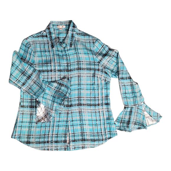 Tyler Boe Ellery Silk Plaid Button Up  Bell Sleeve Multi Top Women's Size 12 - Picture 3 of 10